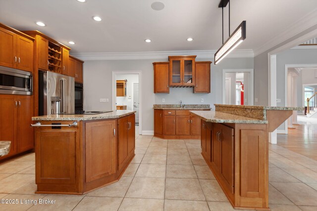 15108 Chestnut Ridge Cir, Louisville, KY 40245 - kitchen featuring a center island, stainless steel appliances, crown molding, brown cabinets, and glass insert cabinets