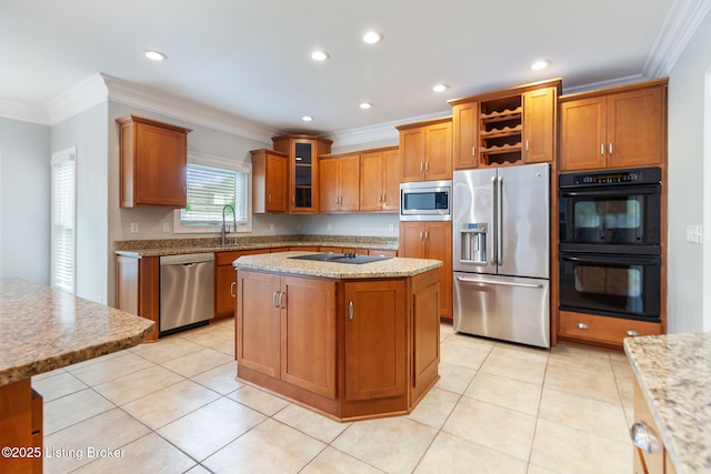15108 Chestnut Ridge Cir, Louisville, KY 40245 - kitchen with black appliances, ornamental molding, brown cabinetry, recessed lighting, and glass insert cabinets