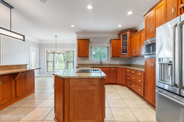15108 Chestnut Ridge Cir, Louisville, KY 40245 - kitchen featuring appliances with stainless steel finishes, brown cabinets, ornamental molding, light tile patterned floors, and a chandelier