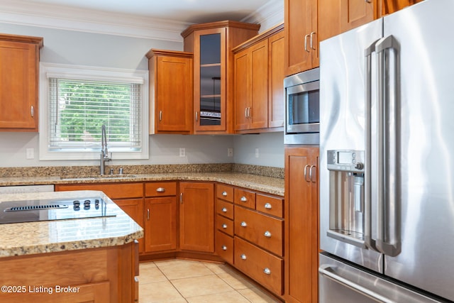 15108 Chestnut Ridge Cir, Louisville, KY 40245 - kitchen with appliances with stainless steel finishes, a sink, brown cabinets, ornamental molding, and light stone countertops