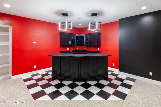 15108 Chestnut Ridge Cir, Louisville, KY 40245 - bar featuring baseboards, recessed lighting, hanging light fixtures, and light colored carpet