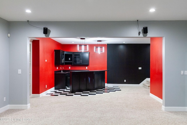 15108 Chestnut Ridge Cir, Louisville, KY 40245 - indoor wet bar with carpet flooring, recessed lighting, hanging light fixtures, and baseboards