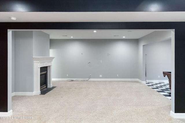 15108 Chestnut Ridge Cir, Louisville, KY 40245 - unfurnished living room with carpet floors, a fireplace with flush hearth, recessed lighting, and baseboards