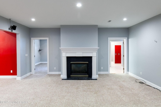 15108 Chestnut Ridge Cir, Louisville, KY 40245 - unfurnished living room with carpet flooring, recessed lighting, a fireplace with flush hearth, and baseboards
