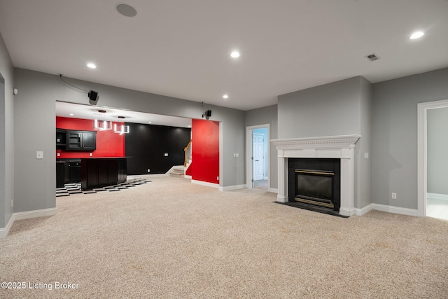 15108 Chestnut Ridge Cir, Louisville, KY 40245 - unfurnished living room featuring carpet, wet bar, recessed lighting, baseboards, and a fireplace with flush hearth