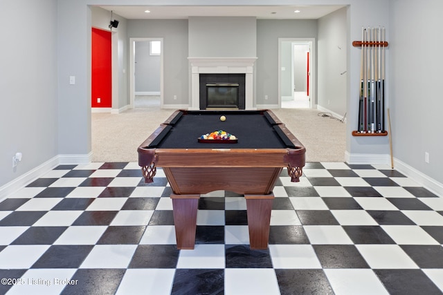 15108 Chestnut Ridge Cir, Louisville, KY 40245 - rec room with baseboards, a glass covered fireplace, tile patterned floors, pool table, and recessed lighting