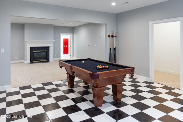 15108 Chestnut Ridge Cir, Louisville, KY 40245 - recreation room featuring baseboards, pool table, recessed lighting, light flooring, and a fireplace with flush hearth