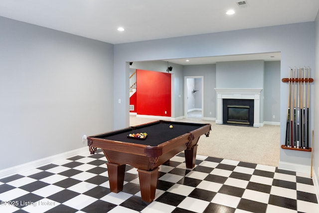 15108 Chestnut Ridge Cir, Louisville, KY 40245 - playroom with tile patterned floors, billiards, recessed lighting, baseboards, and a fireplace with flush hearth