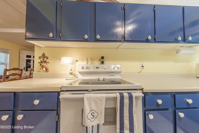 524 Lake Forest Ln, Westview, KY 40178 - kitchen featuring blue cabinetry, white electric range oven, and light countertops
