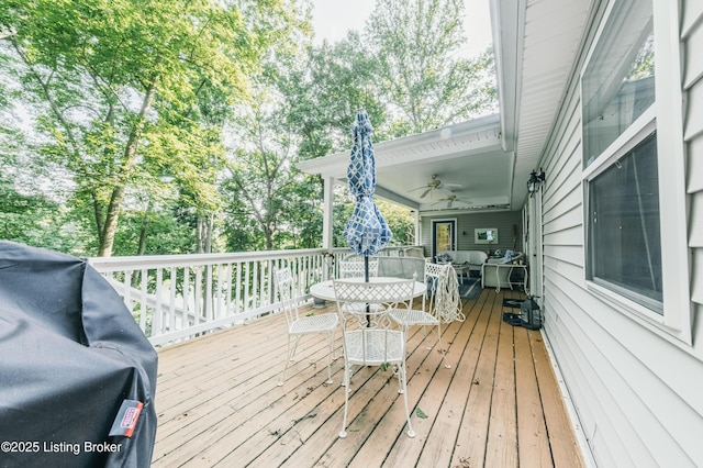 524 Lake Forest Ln, Westview, KY 40178 - wooden terrace with outdoor dining area, a ceiling fan, and a grill