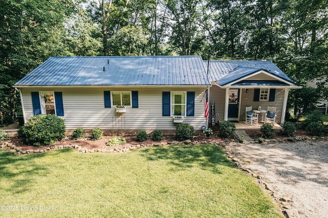524 Lake Forest Ln, Westview, KY 40178 - ranch-style house with a front lawn, a metal roof, a porch, and view of scattered trees