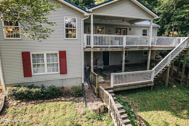 524 Lake Forest Ln, Westview, KY 40178 - rear view of property with a ceiling fan, a wooden deck, stairs, and a lawn