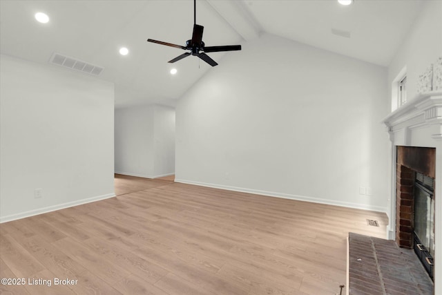 8618 Shenandoah Dr, Pewee Valley, KY 40056 - unfurnished living room with a fireplace, high vaulted ceiling, beamed ceiling, a ceiling fan, and recessed lighting