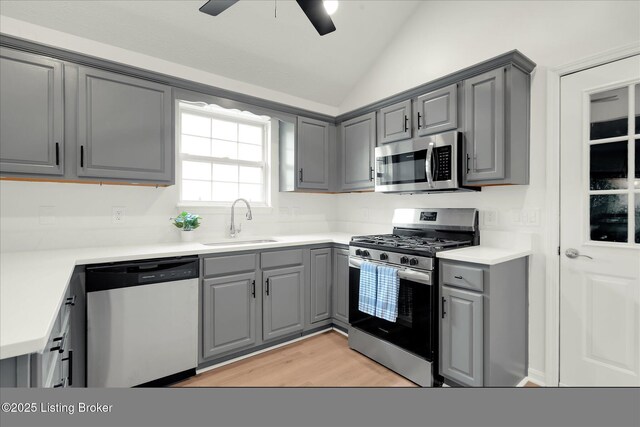 8618 Shenandoah Dr, Pewee Valley, KY 40056 - kitchen featuring stainless steel appliances, gray cabinets, a sink, and lofted ceiling