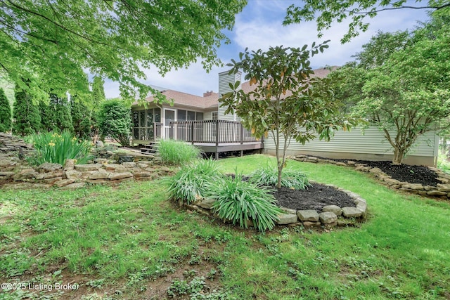 8618 Shenandoah Dr, Pewee Valley, KY 40056 - view of green lawn with a sunroom and a wooden deck