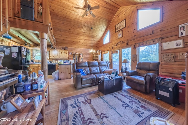 905 Camp Greenshores Rd, Mcdaniels, KY 40152 - living room with light wood-style floors, high vaulted ceiling, wooden ceiling, ceiling fan, and wooden walls