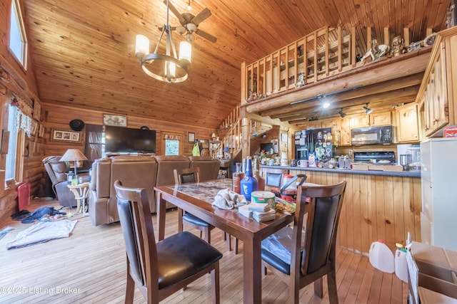 905 Camp Greenshores Rd, Mcdaniels, KY 40152 - dining room featuring wood ceiling, light wood finished floors, a chandelier, wooden walls, and high vaulted ceiling