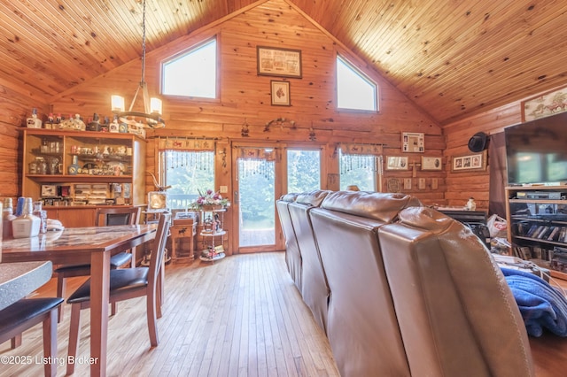 905 Camp Greenshores Rd, Mcdaniels, KY 40152 - living area with a chandelier, high vaulted ceiling, wood walls, wood ceiling, and light wood-style flooring
