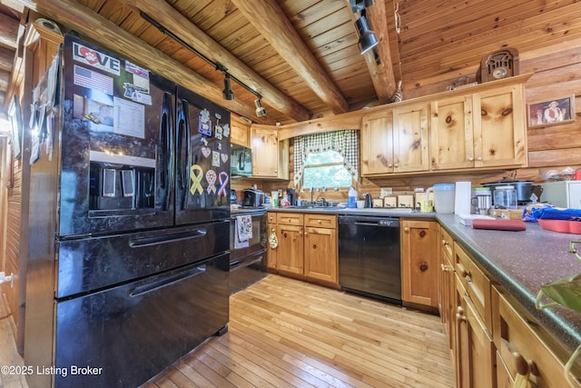 905 Camp Greenshores Rd, Mcdaniels, KY 40152 - kitchen featuring black appliances, rail lighting, a wood ceiling with exposed beams, light wood-style floors, and dark countertops