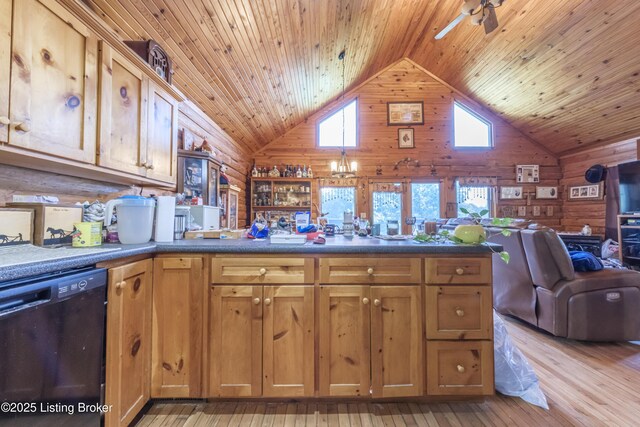 905 Camp Greenshores Rd, Mcdaniels, KY 40152 - kitchen featuring dishwasher, high vaulted ceiling, open floor plan, a peninsula, and wood walls