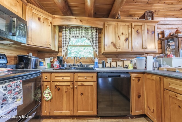 905 Camp Greenshores Rd, Mcdaniels, KY 40152 - kitchen featuring black appliances, a wood ceiling with exposed beams, rustic walls, and dark countertops