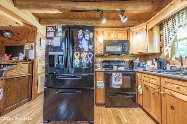 905 Camp Greenshores Rd, Mcdaniels, KY 40152 - kitchen featuring black appliances, a wooden ceiling with exposed beams, light wood-style flooring, track lighting, and wooden walls
