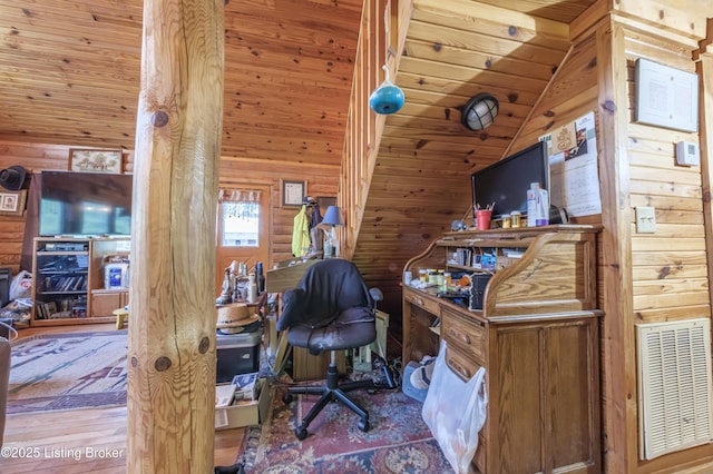 905 Camp Greenshores Rd, Mcdaniels, KY 40152 - office featuring wooden walls, vaulted ceiling, wooden ceiling, and wood finished floors