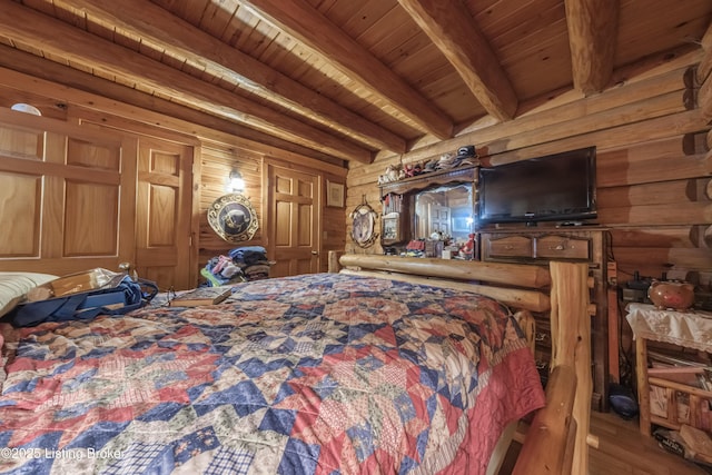 905 Camp Greenshores Rd, Mcdaniels, KY 40152 - bedroom with a wood ceiling with exposed beams, wood walls, and wood finished floors