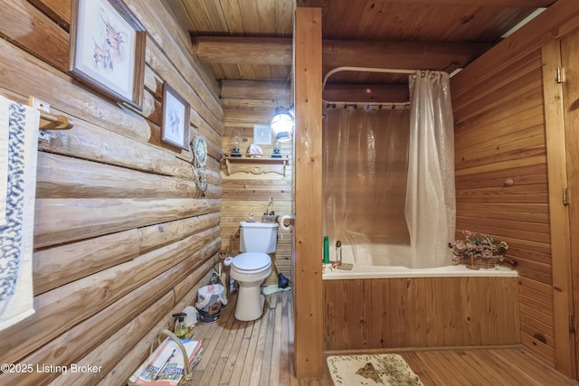 905 Camp Greenshores Rd, Mcdaniels, KY 40152 - bathroom with a wood ceiling with exposed beams, wooden walls, hardwood / wood-style flooring, shower / bath combo, and rustic walls