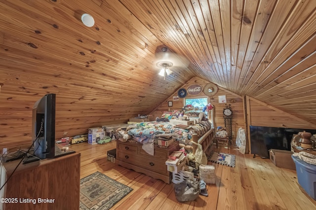 905 Camp Greenshores Rd, Mcdaniels, KY 40152 - bedroom with wooden ceiling, lofted ceiling, hardwood / wood-style floors, and wood walls