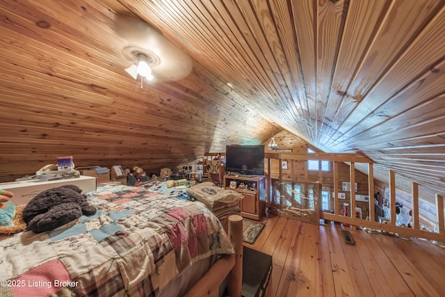 905 Camp Greenshores Rd, Mcdaniels, KY 40152 - bedroom with wood ceiling, lofted ceiling, wooden walls, and hardwood / wood-style floors