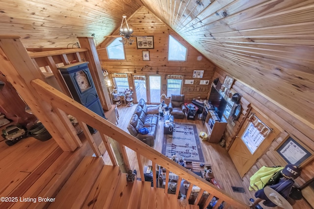 905 Camp Greenshores Rd, Mcdaniels, KY 40152 - living room with high vaulted ceiling, wood walls, hardwood / wood-style flooring, and wooden ceiling