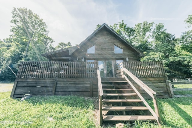 905 Camp Greenshores Rd, Mcdaniels, KY 40152 - back of property featuring stairs, a wooden deck, and log exterior