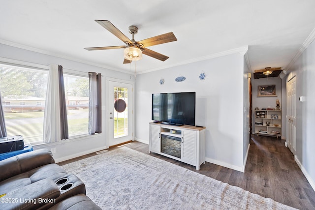 10608 Charlene Dr, Fairdale, KY 40118 - living area with crown molding, a ceiling fan, wood finished floors, baseboards, and a fireplace