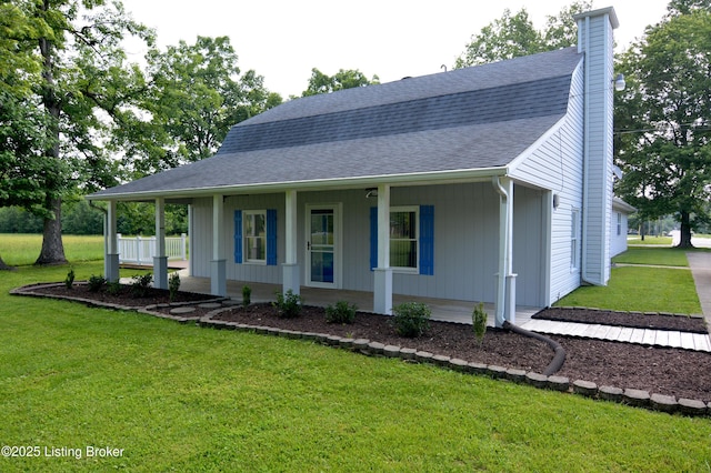 8201 Damascus Rd, Louisville, KY 40228 - view of front facade with covered porch, a shingled roof, a chimney, and a front lawn