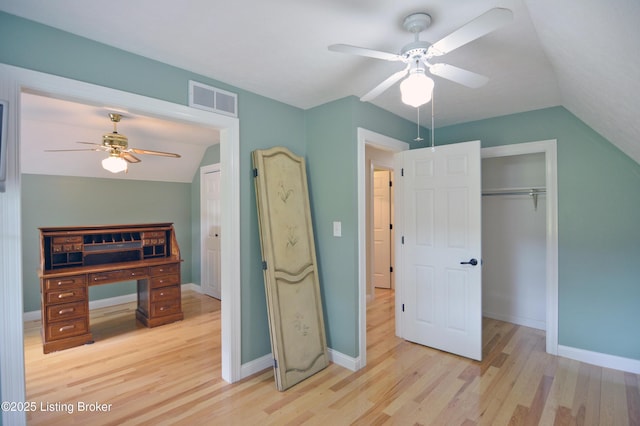 8201 Damascus Rd, Louisville, KY 40228 - unfurnished bedroom featuring wood finished floors, lofted ceiling, a closet, baseboards, and ceiling fan