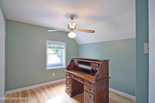 8201 Damascus Rd, Louisville, KY 40228 - office area with ceiling fan, light wood-style flooring, vaulted ceiling, and baseboards