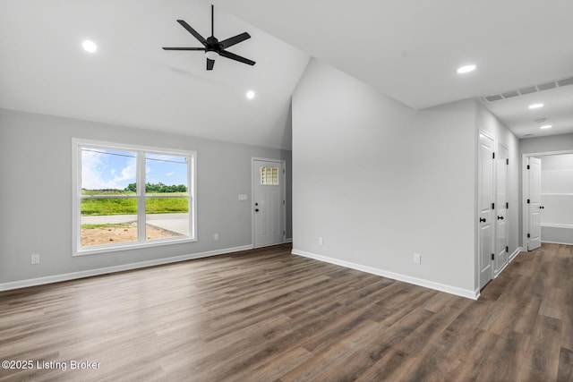 5482 Bagdad Rd, Bagdad, KY 40003 - unfurnished living room featuring ceiling fan, wood finished floors, baseboards, recessed lighting, and high vaulted ceiling