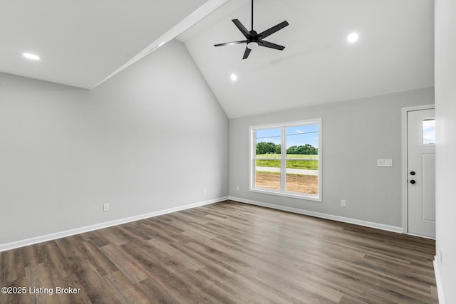 5482 Bagdad Rd, Bagdad, KY 40003 - unfurnished living room with a ceiling fan, recessed lighting, vaulted ceiling, dark wood-type flooring, and baseboards