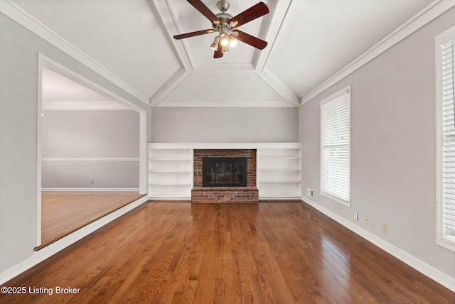12409 Ledges Dr, Louisville, KY 40243 - unfurnished living room featuring a fireplace, ceiling fan, vaulted ceiling, wood finished floors, and baseboards