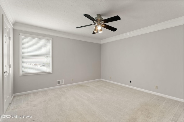 12409 Ledges Dr, Louisville, KY 40243 - empty room with crown molding, ceiling fan, light carpet, baseboards, and a textured ceiling