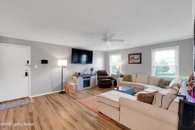 1008 Lake Way Unit D12, Louisville, KY 40222 - living room with light wood-type flooring, ceiling fan, baseboards, and ornamental molding