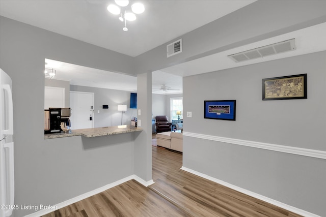 1008 Lake Way Unit D12, Louisville, KY 40222 - kitchen with wood finished floors, baseboards, light stone countertops, freestanding refrigerator, and a ceiling fan