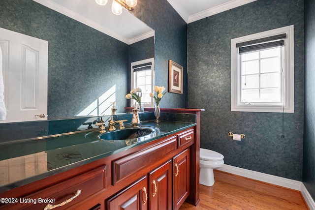 14702 Forest Oaks Dr, Louisville, KY 40245 - bathroom with wood finished floors, toilet, crown molding, vanity, and baseboards
