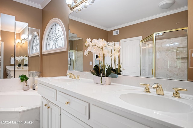 14702 Forest Oaks Dr, Louisville, KY 40245 - bathroom featuring double vanity, a bath, a shower stall, and ornamental molding