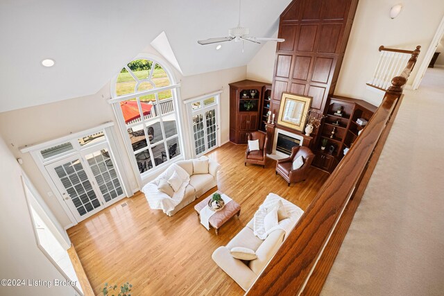 14702 Forest Oaks Dr, Louisville, KY 40245 - living area featuring wood finished floors, lofted ceiling, and ceiling fan