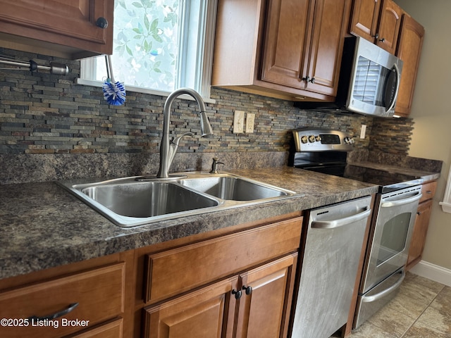 1236 Carrico Ave, Louisville, KY 40215 - kitchen featuring appliances with stainless steel finishes, a sink, dark countertops, backsplash, and brown cabinets