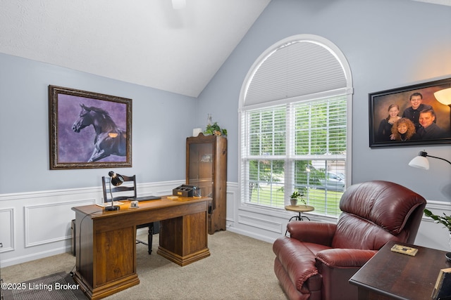 8506 Hunting Stock Pl, Louisville, KY 40291 - home office featuring carpet flooring, vaulted ceiling, and a wainscoted wall