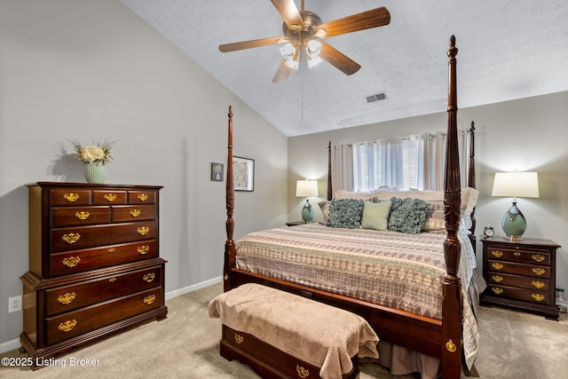 8506 Hunting Stock Pl, Louisville, KY 40291 - bedroom featuring light carpet, vaulted ceiling, a textured ceiling, baseboards, and ceiling fan