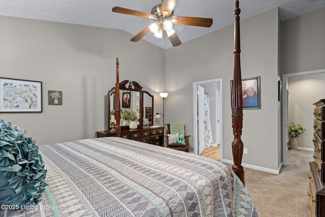 8506 Hunting Stock Pl, Louisville, KY 40291 - bedroom featuring light carpet, baseboards, high vaulted ceiling, and a ceiling fan